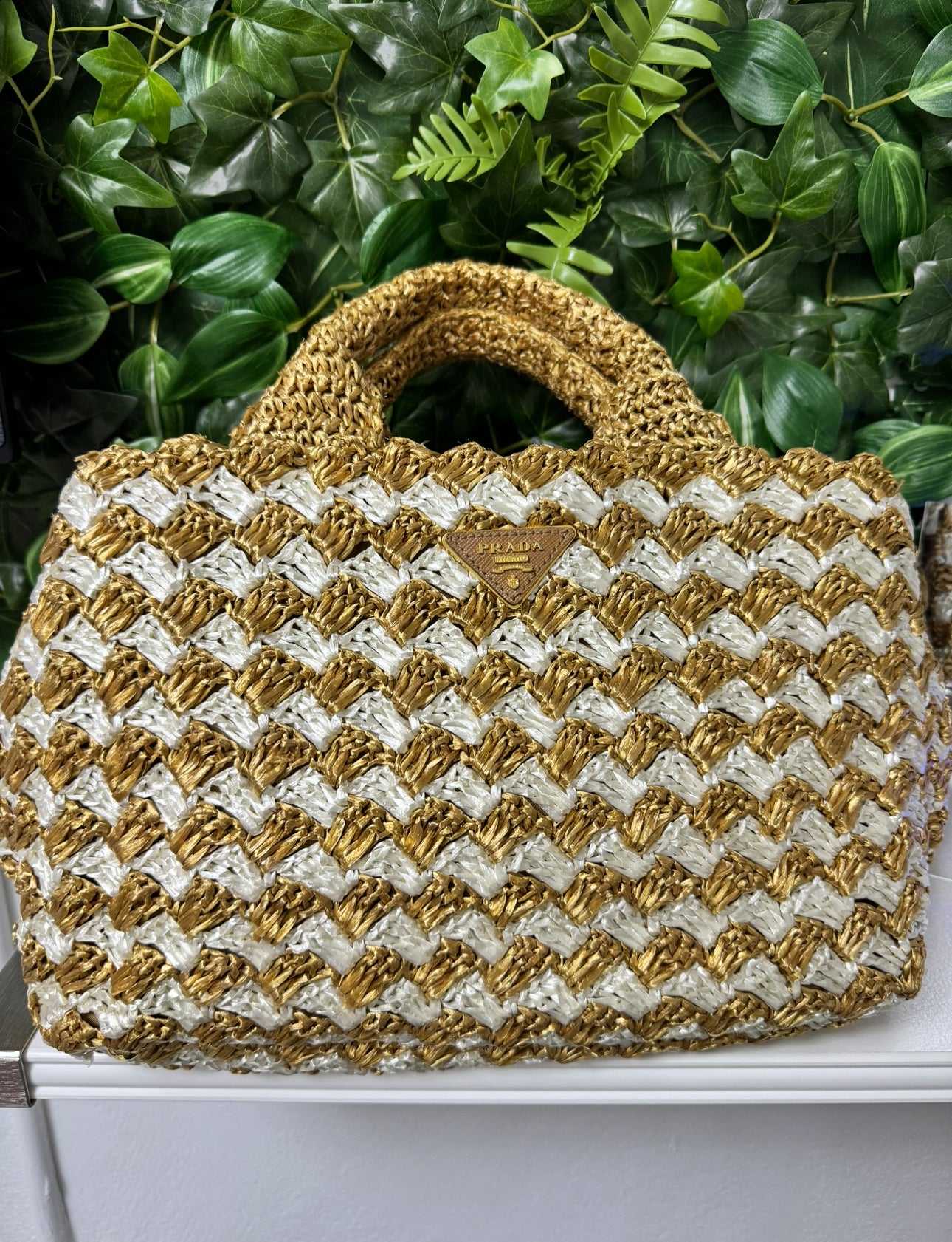 Prada Raffia Crochet Bi-Color Tote Naturale Talco